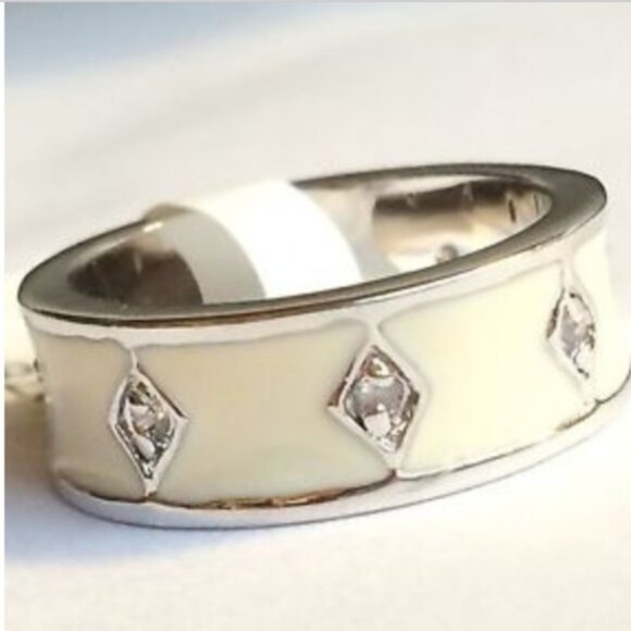 Silver Art Deco Ring Size 5 White Enamel Band Rhodium Vintage Style Plated - Picture 2 of 8